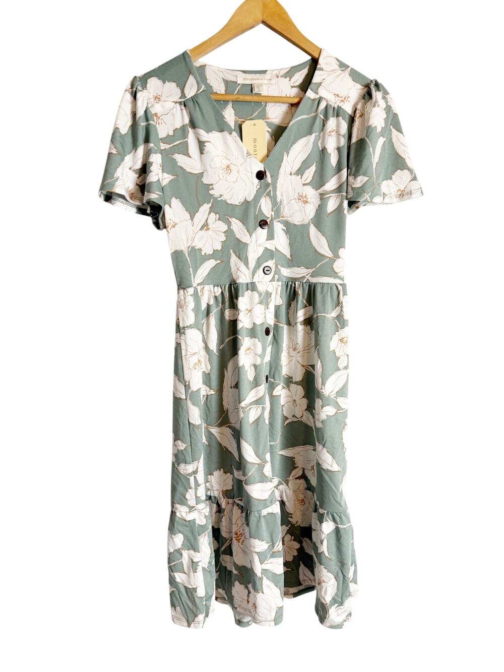 Monteau Sage Green White Floral Print Button VNeck Short Sleeve Midi Dress Small